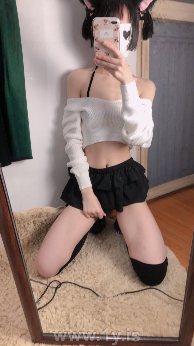 Cute slim cat girl wearing white sweater (17)