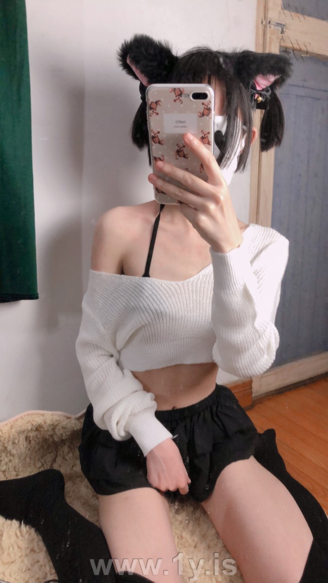 Cute slim cat girl wearing white sweater (31)