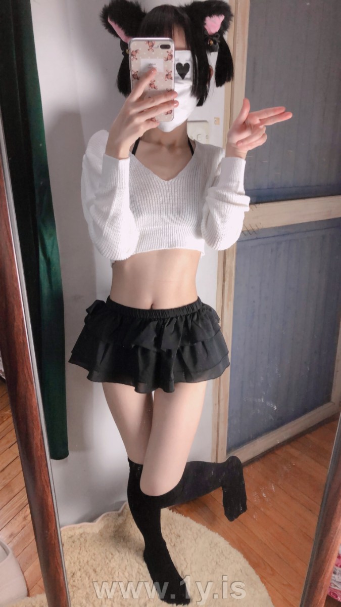 Cute slim cat girl wearing white sweater (34)