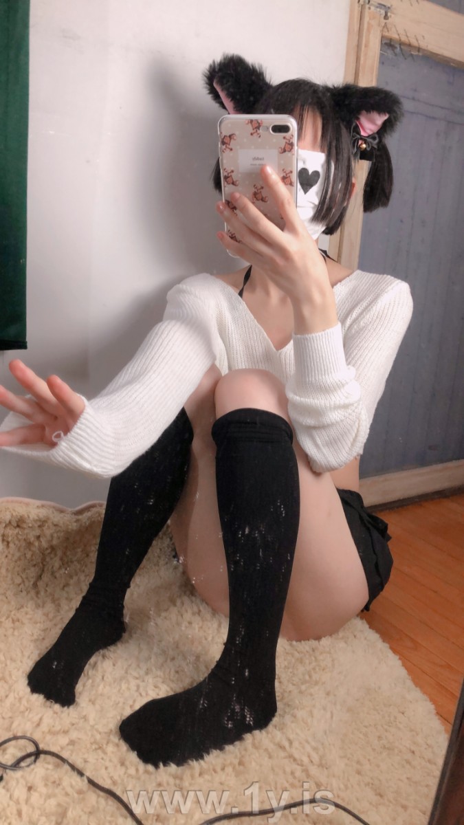 Cute slim cat girl wearing white sweater (46)