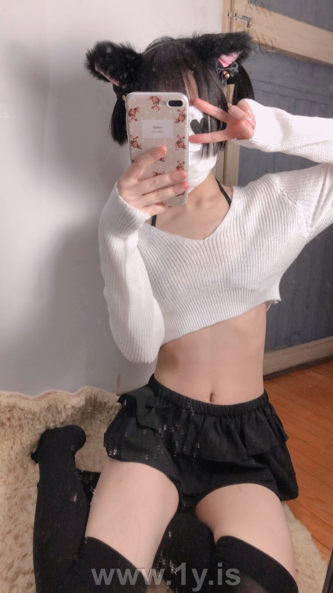 Cute slim cat girl wearing white sweater (53)