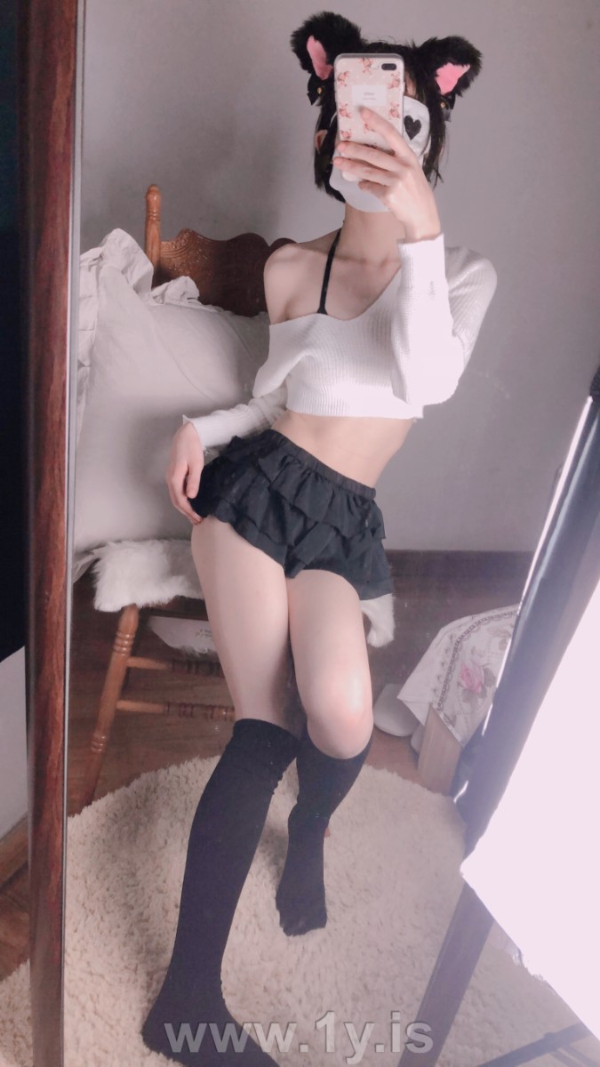 Cute slim cat girl wearing white sweater (137)