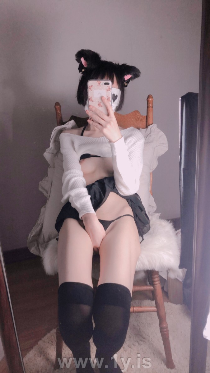 Cute slim cat girl wearing white sweater (146)